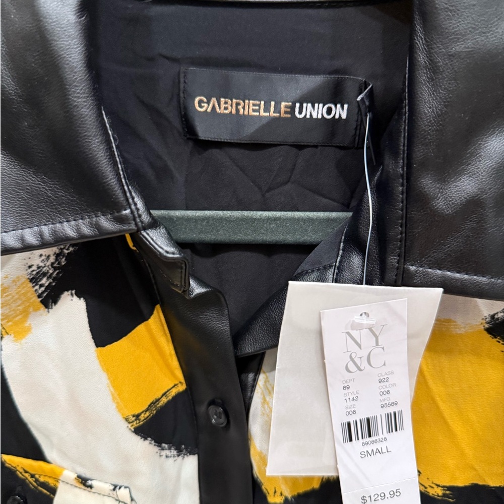 Gabrielle Union NY & Co Black and Yellow Patterned Dress with Vegan Leather - Picture 3 of 5